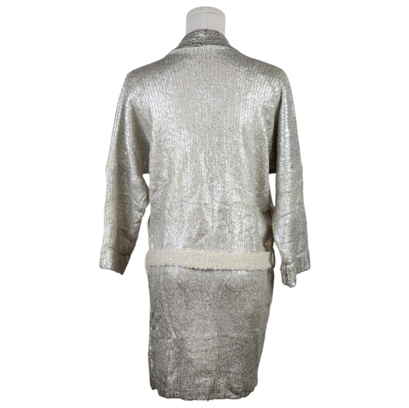 Grifflin Paris Metallic Silver Knit Cardigan S/M Belted Boucle Open Front - Picture 5 of 8